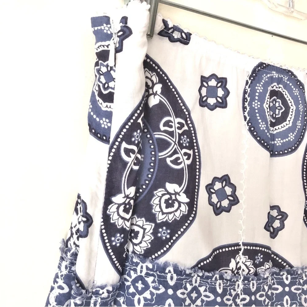 Eddie Bauer Y2K Blue White Paisley Tiered Maxi Skirt 100% Cotton Lined 10 Petite